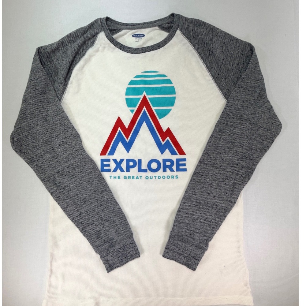 Old Navy Mens LG Waffle Knit Thermal Raglan‎ Explore Mountain Graphic Shirt Gray